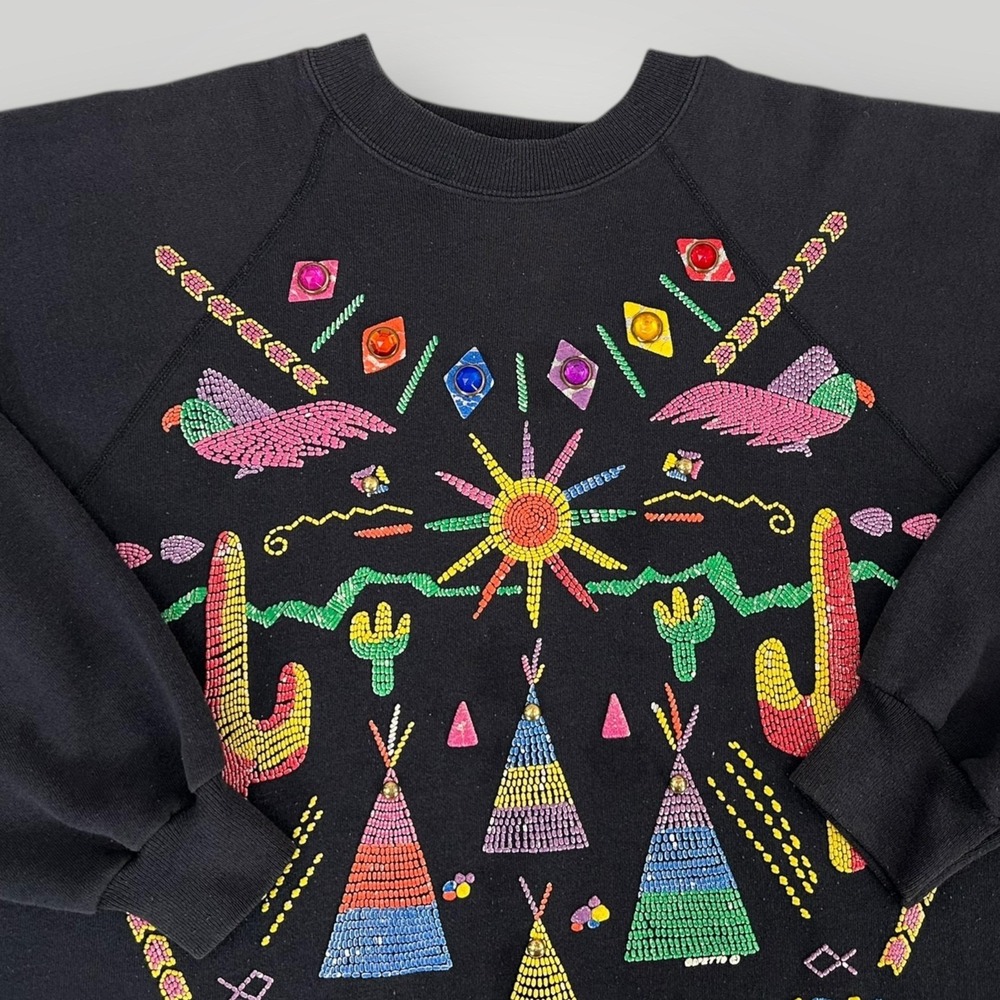 VTG 80s P.G.B. Sweatshirt Womens One Size Black Southwestern Jeweled Sun USA